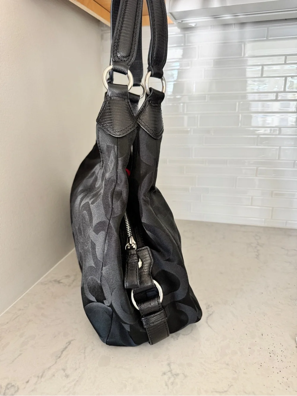 Coach Black Signature Jacquard Hobo Shoulder Bag with Silver Hardware